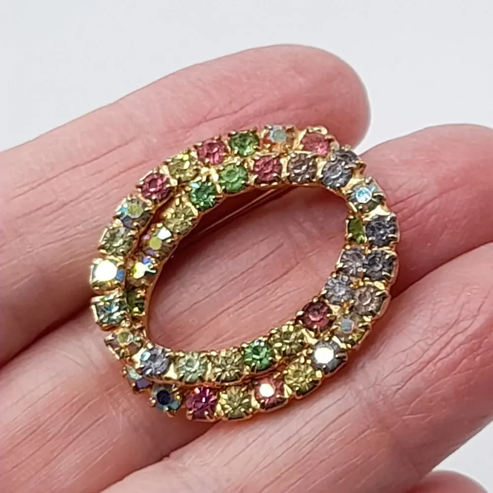 Vintage AB Pastel Prong Set Glass Rhinestone Oval Brooch, URANIUM Glass, 1 1/4